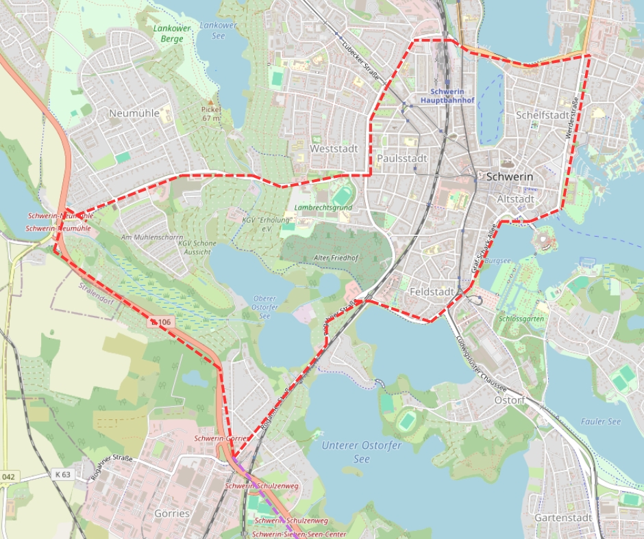 Vier Runden durch die Stadt. Die Route des Autokorso am 08.01.2024 in&nbsp;Schwerin.