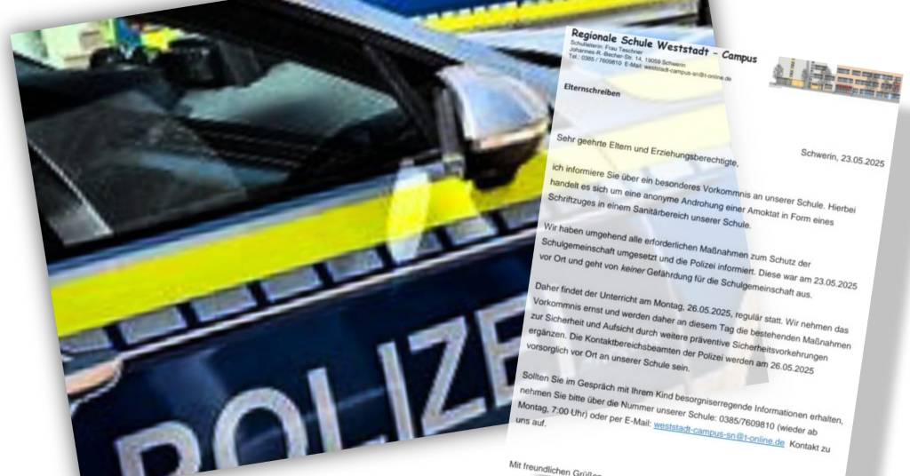 Amokdrohung an Schweriner Schule: Polizei sieht keine akute Gefahr – Unterricht findet regulär&nbsp;statt