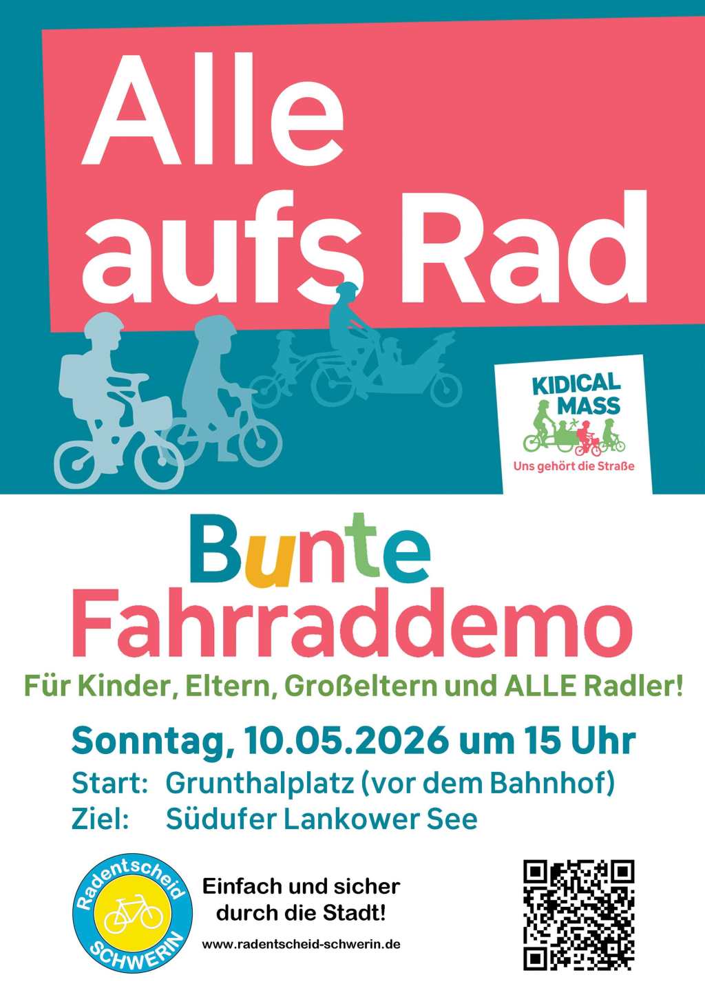„Alle aufs Rad!“: Bunte Fahrraddemo fordert sichere Straßen für Schwerins&nbsp;Kinder