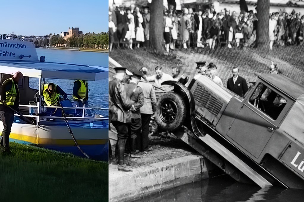 Mit Seilen durch den Pfaffenteich – damals wie heute. Vor wenigen Tagen die Petermännchenfähre, 1929 ein Lastwagen voller Bier.