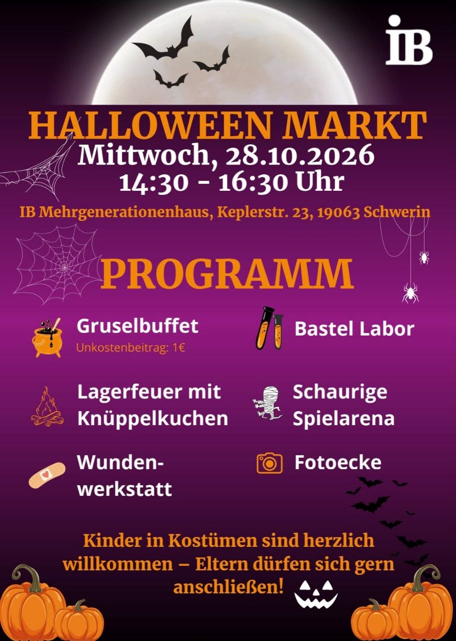 Halloween-Markt im IB Mehrgenerationenhaus: Gruselbuffet, Knüpfelkuchen und schaurige Spielarena