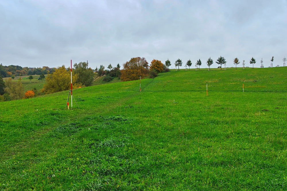 Vermessungsstäbe und Markierungen auf der Wiese am Ziegelaußensee in Richtung Wickendorf